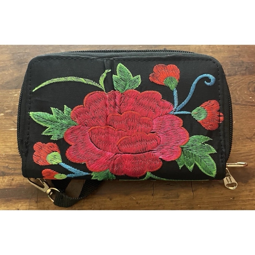 Unbranded Embroidered Double Zip-Around Wallet Black Red Green 6.5" W x 3.5" H - Picture 4 of 6